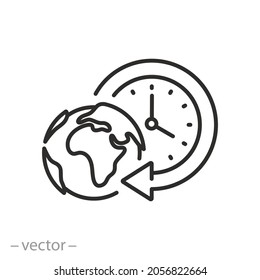 time zone icon, globe with clock, earth planet, hour delay, world timer  or watch, thin line symbol on white background - editable stroke vector illustration