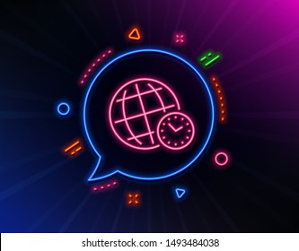 Time zone line icon. Neon laser lights. World clock sign. Watch symbol. Glow laser speech bubble. Neon lights chat bubble. Banner badge with time zone icon. Vector