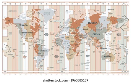 Time Zone Map. Detailed World Map with Countries Names. Vector Illustration.