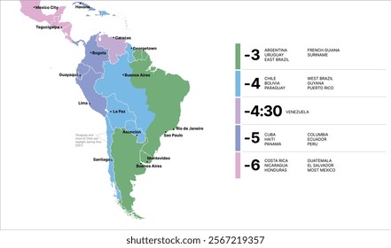 Time Zone Map Latin America, Timezone Map, South America Timezone, Brazil, Argentina, Colombia, Central America Time