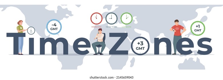 Time zones flat concept with people watching clocks and world map on background vector illustration