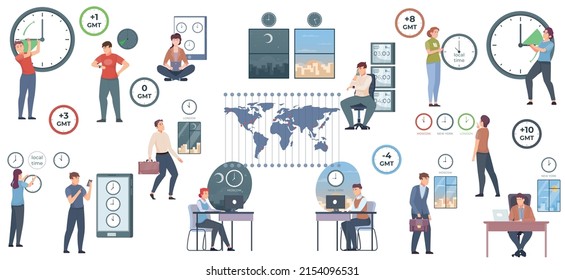 Time zones flat icons set with people and clocks in different world areas isolated vector illustration