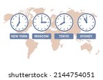 Time zones icon. Clocks showing local timezone. International time and date. Worldwide business. Vector flat illustration