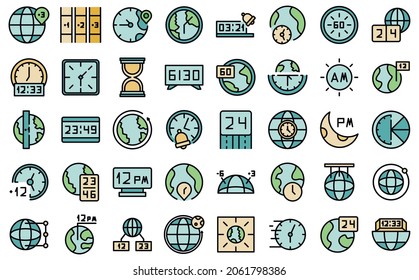 Time zones icons set outline vector. Clock hour. Calendar earth