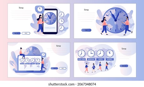 Time zones. International time and date. Worldwide business. Clocks showing local timezone. Screen template for landing page, template, ui, web, mobile app, poster, banner, flyer. Vector illustration