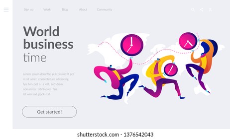 Time zones, international time, world business time concept. Website homepage interface UI template. Landing web page with infographic concept hero header image.