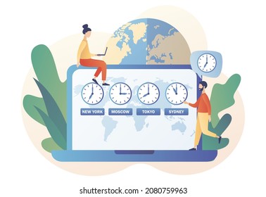 Time zones on laptop. International time and date. Clocks showing local time online on web site. Tiny business people worldwide. Modern flat cartoon style. Vector illustration on white background