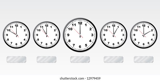 Time zones. Vector illustration. Office-clocks and light-reflecting metal labels.