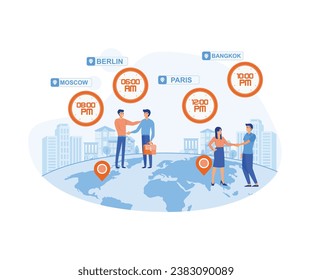 Time zones in world. Clocks showing local timezone. International time and date. Tiny people business worldwide. flat vector modern illustration 