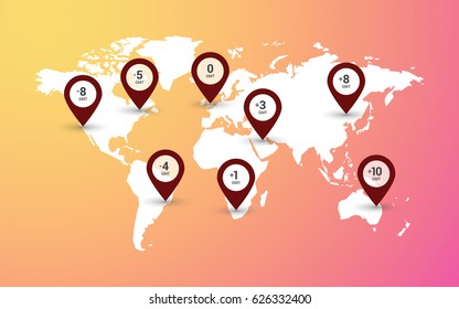 time zones with world map on modern color gradient background