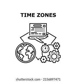 Time Zones World Vector Icon Concept. Time Zones World International Countries And Continent. Changing Hours, Flying Airplane From Europa To America Or From Asia To Africa Black Illustration