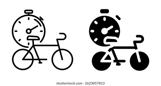 Time-based cycling icon with stopwatch and bike. Linear and silhouette style.