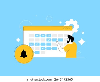 Método de Timeboxing para planejamento diário focalizado, blocos de tarefas visuais e lembretes. Timeboxing aumenta a produtividade do marketing através do controle de calendário e hábitos de trabalho eficientes. Ilustração vetorial
