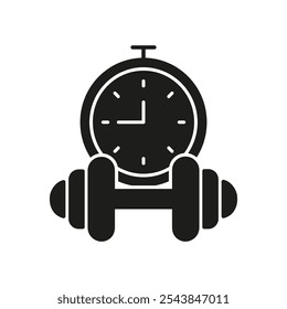 Ejercicio cronometrado con mancuerna e icono de silueta de cronómetro. Rutina de fitness y horario de entrenamiento. Ilustración vectorial aislada.