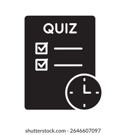 Timed quiz icon with checklist and clock for school examination or online test with a time limit for answering all the questions asked vector solid glyph icon