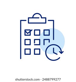 Timed task list. Clipboard, deadline planner and clock. Pixel perfect, editable stroke icon