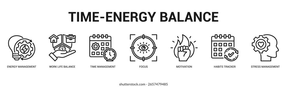 TimeEnergy Balance Ilustración de Anuncio de Web moderno y limpio con íconos temáticos para la comunicación visual