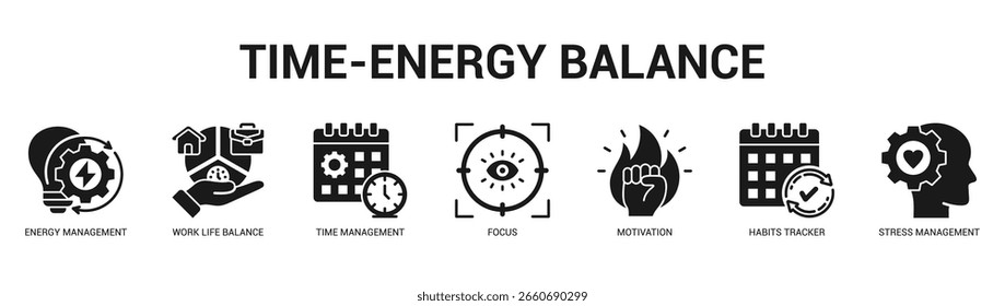 TimeEnergy Balance Ilustración de Anuncio de Web moderno y limpio con íconos temáticos para la comunicación visual