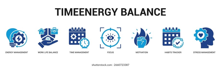 TimeEnergy Balance Ilustración de Anuncio de Web moderno y limpio con íconos temáticos para la comunicación visual