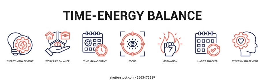 TimeEnergy Balance Ilustración de Anuncio de Web moderno y limpio con íconos temáticos para la comunicación visual