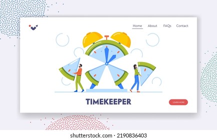 Timekeeper Landing Page Template. Time Management and Project Task Allocation Concept. Characters Team Manage Resources, Men And Women Dividing Clock on Pieces. Cartoon People Vector Illustration