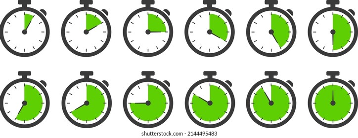 Timekeeper, timer, clock, stopwatch isolated icons set with different time. Countdown timer symbol icon set. Sport clock with green colored time meaning. Stopwatch collection - Stock vector.