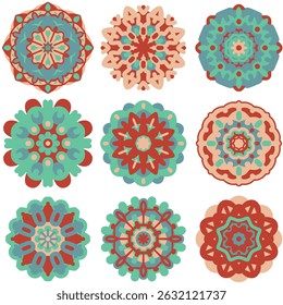 Timeless Asian mandala design collection with maroon red, teal blue, and peach orange tones. Symmetrical patterns that showcase beauty and rich heritage. Eye catching, trendy vector in EPS 10 format.