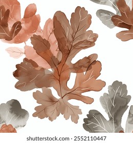 Timeless Autumn Winter Brown Moss Oak Leaf Watercolor Abstract Scandinavian Design Seamless Pattern Wallpaper Curtain Bedding Background Upholstery Gift Wrapping Paper Vector