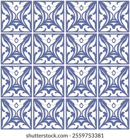 Timeless Azulejos Ceramic Tile Collection with Elegant Hand-Drawn Blue Floral Geometric Patterns, Seamlessly Designed Vectors for Unique Decorative Backgrounds.