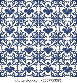 Timeless Azulejos Ceramic Tile Collection with Elegant Hand-Drawn Blue Floral Geometric Patterns, Seamlessly Designed Vectors for Unique Decorative Backgrounds.