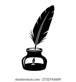 A timeless black vector silhouette of a feather quill pen resting in an inkwell representing literature, history, poetry, creative writing, and vintage calligraphy concepts.
