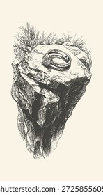 Un boceto atemporal en blanco y negro con un anillo de compromiso de diamantes y una alianza de boda a juego en una isla de piedra levitante con un aspecto clásico grabado.