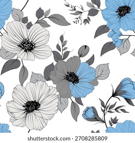 Un motivo de ramo atemporal con Grandes flores blancas y azules pálidas con centros negros audaces, entrelazadas con delicadas hojas de color gris verdoso sobre un rico fondo blanco.