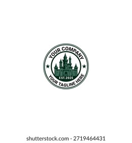 Um emblema de castelo intemporal fechado em um monograma redondo, simbolizando força, herança e proteção. A forma circular representa unidade e continuidade, enquanto o castelo reflete autoridade, estabilidade e legado duradouro