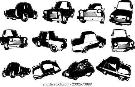 "Timeless Charm: Retro Vintage Car Model Silhouette in Multiple Angles"
"Classic Vintage Car: Silhouette from Various Perspectives"