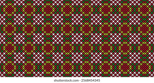 A timeless and cheerful geometric pattern featuring a repeating motif of red, green, and white shapes. This classic design is perfect for creating a warm and inviting atmosphere.