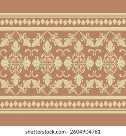 Timeless Classical Flourish Intricate Golden Blooming With Baroque Scroll Ornament on Caramel Background Seamless Pattern for Border Stripe Rim Silk Weaves Embroidery Decoration Interior Wallpaper Rug