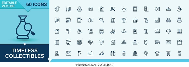 Timeless Collectibles linear icon collection. Includes icons for vintage, fossil, history, old, culture, collectibles and more. Simple web icons. Editable vector stroke.