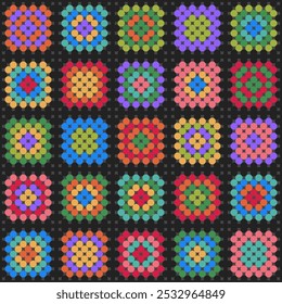 Timeless colorful Granny's Square blanket flat geometric Vector Pattern. Classic black background graphic crochet squares patchwork seamless pattern.