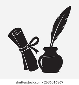 A Timeless Depiction of Knowledge A Rolled Scroll Tied with Ribbon and a Feather Quilled Pen Immersed in an Inkwell a Vintage and Classic Symbol