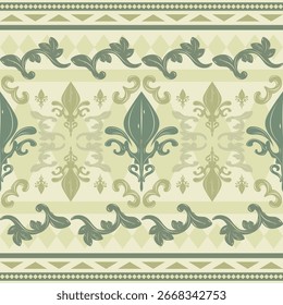 Timeless Elegance Botany Abstract Flower Garden in Green Jade Tone Seamless Border Pattern. Classic Baroque Artistic Hand Drawn Scroll Ornament for Embroidery Tiles Ceramics Mosaic Carpet Curtain Lace