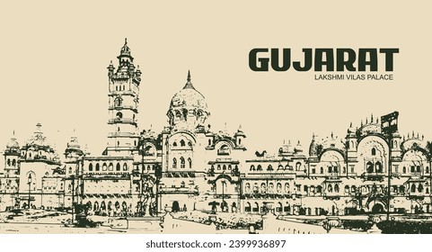 Timeless Elegance: Line Art of Lakshmi Vilas Palace in Gujarat.