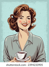 Timeless Elegance: Vintage Poster Featuring a Stylish Woman with Coffee Cup for Classic Advertising Charm