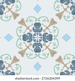 Patrón inconsútil elegante atemporal de la decoración de lujo. Hermosas flores Abstractas dibujadas a mano con suave azul real y tono dorado. Obra de arte clásica y simétrica. Estilo elaborado, adorno, azulejos, encaje