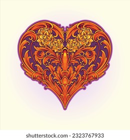 Timeless engraved heart shaped  petals ornament illustrations vector illustrations for your work logo, merchandise t-shirt, stickers and label designs, poster, greeting cards advertising business 