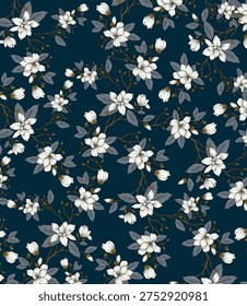 A timeless floral pattern featuring delicate white blossoms with soft blue leaves arranged on graceful brown branches. The light dark blue background enhances the vintage aesthetic, making it perfect for elegant wallpapers, textiles, and home décor.