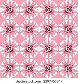 Zeitlos und anmutig wiederholendes Muster rosa-weißer Blumen auf dunklem Hintergrund mit Pop-Kunst und geometrischen Motiven, ideal für künstlerische Schreibwaren, Einladungen oder Brautduschen.
