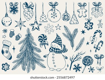 Timeless hand-drawn illustrations of holiday decorations, snowman and Christmas tree. Perfect for greeting cards and seasonal designs.