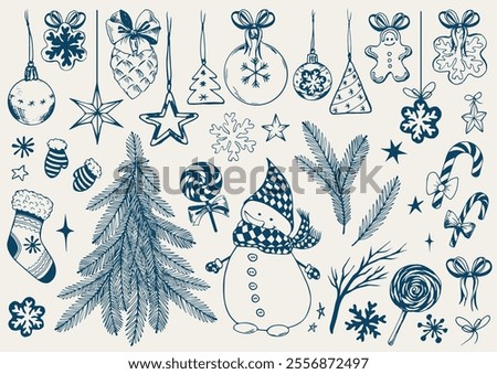 Timeless hand-drawn illustrations of holiday decorations, snowman and Christmas tree. Perfect for greeting cards and seasonal designs.