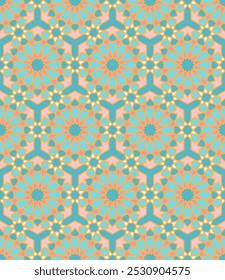 Timeless Islamic geometrics pastel teal pink Vector Pattern. Colorful vintage style sacred geometrics Arabic culture in pastel colors seamless pattern.